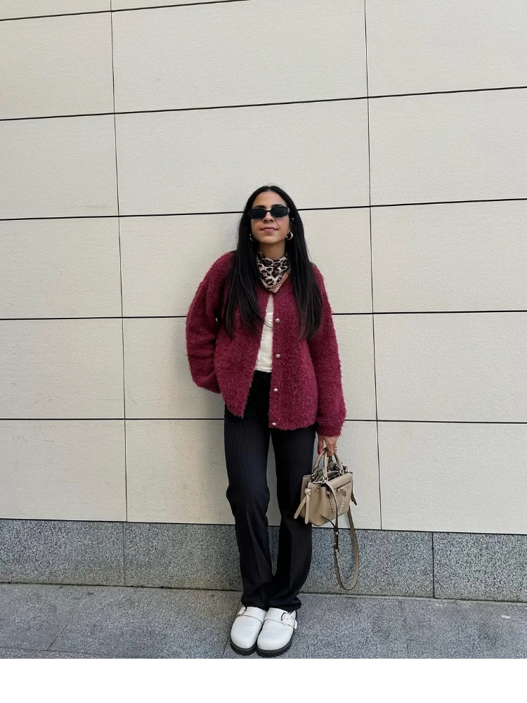 Crew Neck Fuzzy Teddy Knit Button Front Long Sleeve Cardigan