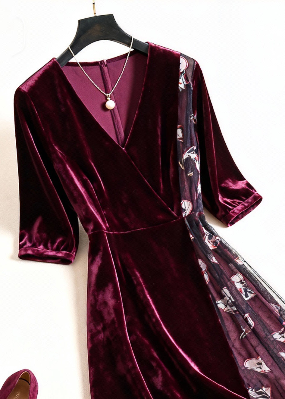 Velvet Wrap V-Neck Elbow Sleeve Mesh Panel Graphic Print Midi Dress