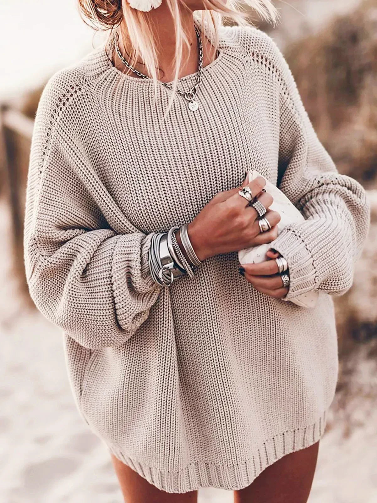 Oversized Crew Neck Raglan Balloon Sleeve Chunky Knit Sweater