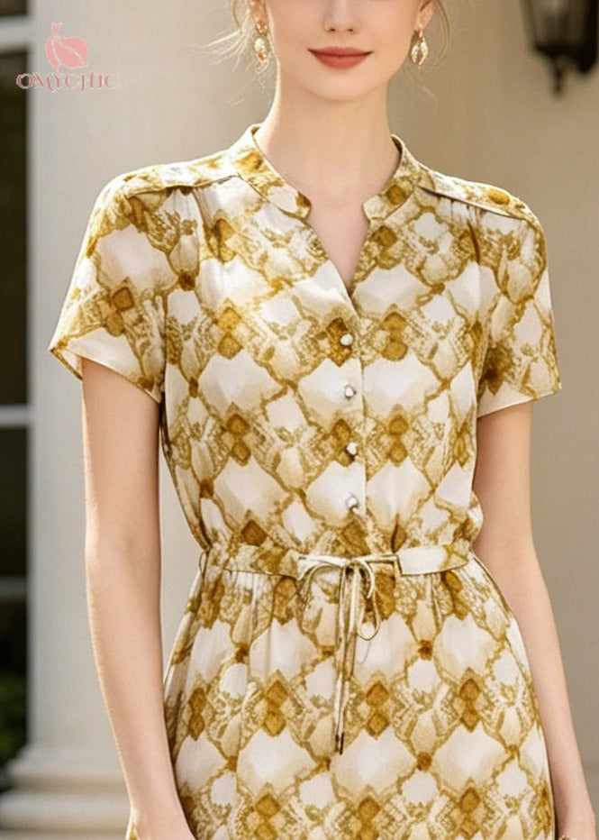 Satin Geometric Print Mandarin Collar Tie Waist Shirt Midi Dress