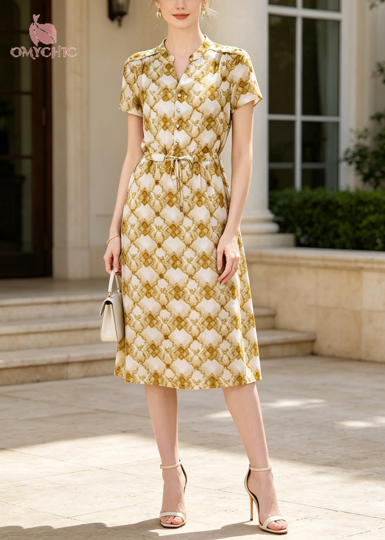 Satin Geometric Print Mandarin Collar Tie Waist Shirt Midi Dress