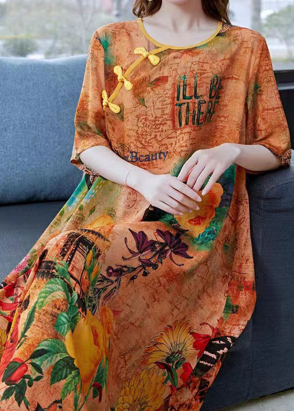 Graphic Collage Print Round Neck Frog Button Short Sleeve Midi Dress
