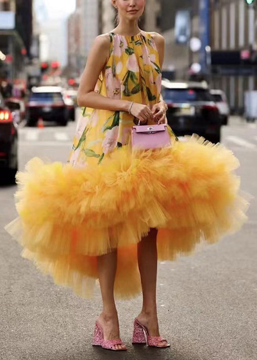 Floral Print Sleeveless High Neck Tulle Oversized Ruffle Hem Party Dress