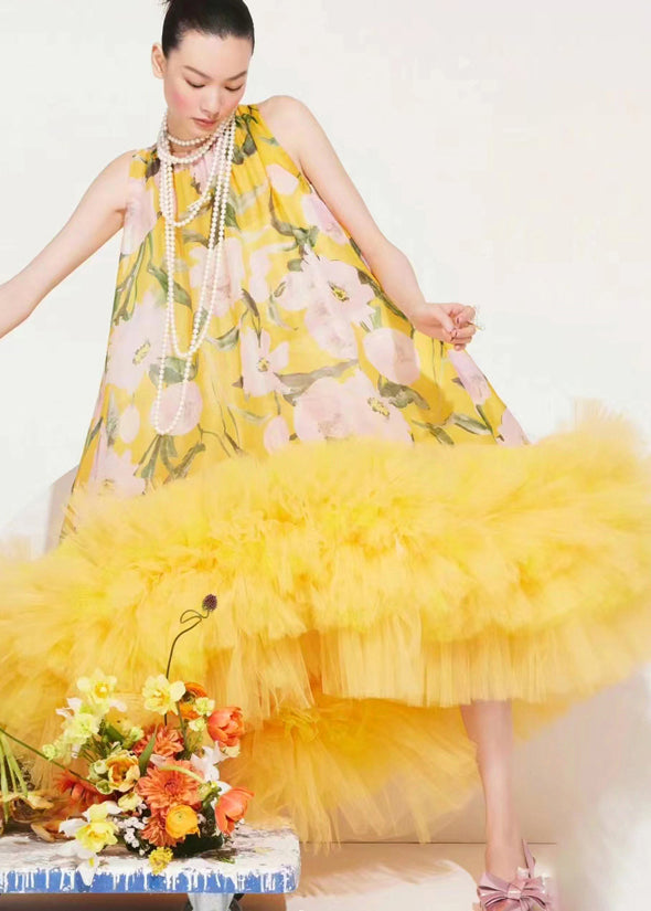 Floral Print Sleeveless High Neck Tulle Oversized Ruffle Hem Party Dress