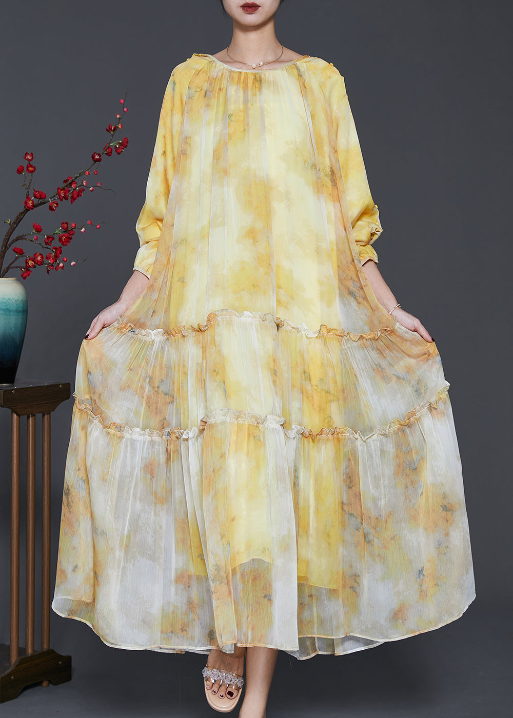 Tie Dye Chiffon Round Neck Long Sleeve Ruffle Tiered Maxi Dress