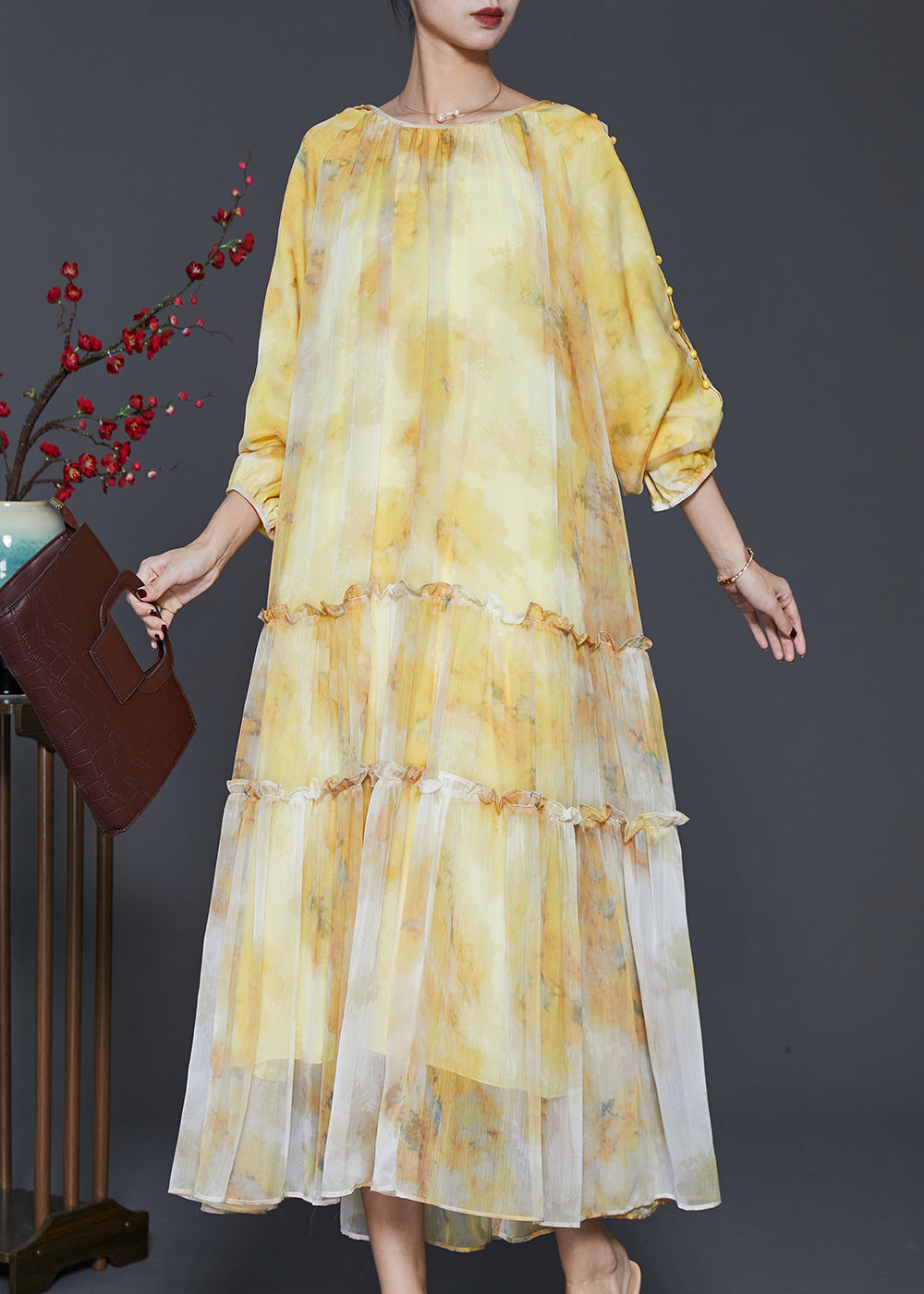 Women Yellow Ruffled Tie Dye Chiffon Maxi Dress Spring 2