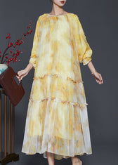 Women Yellow Ruffled Tie Dye Chiffon Maxi Dress Spring 2