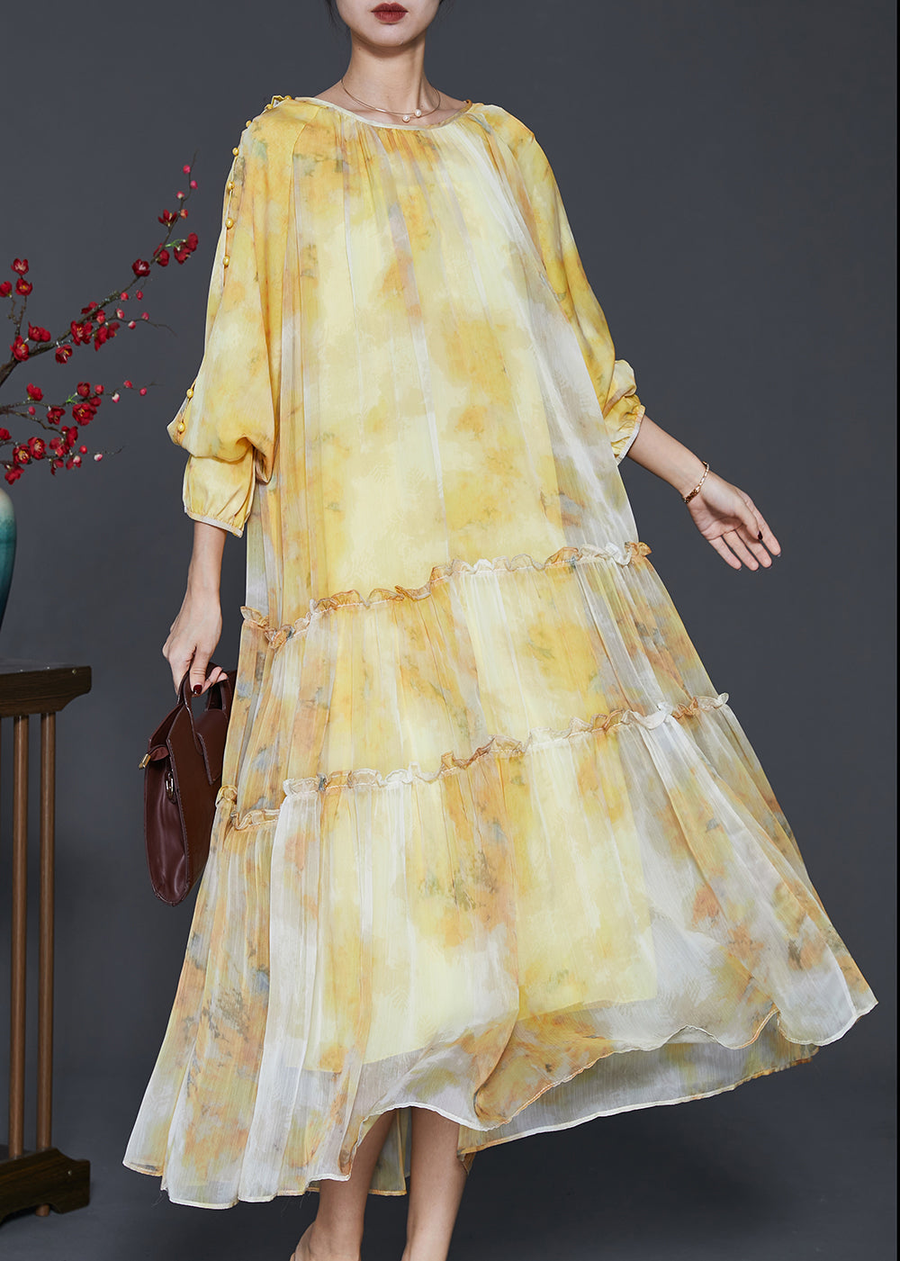 Women Yellow Ruffled Tie Dye Chiffon Maxi Dress Spring 3