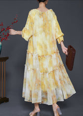 Women Yellow Ruffled Tie Dye Chiffon Maxi Dress Spring 4
