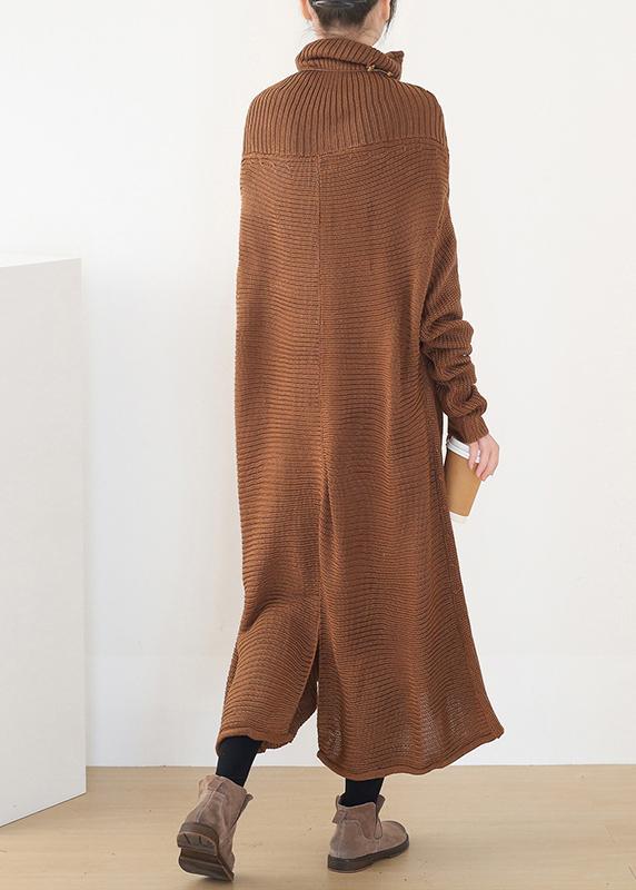 Women back open Sweater high neck dress outfit plus size drak brown daily knit dresses