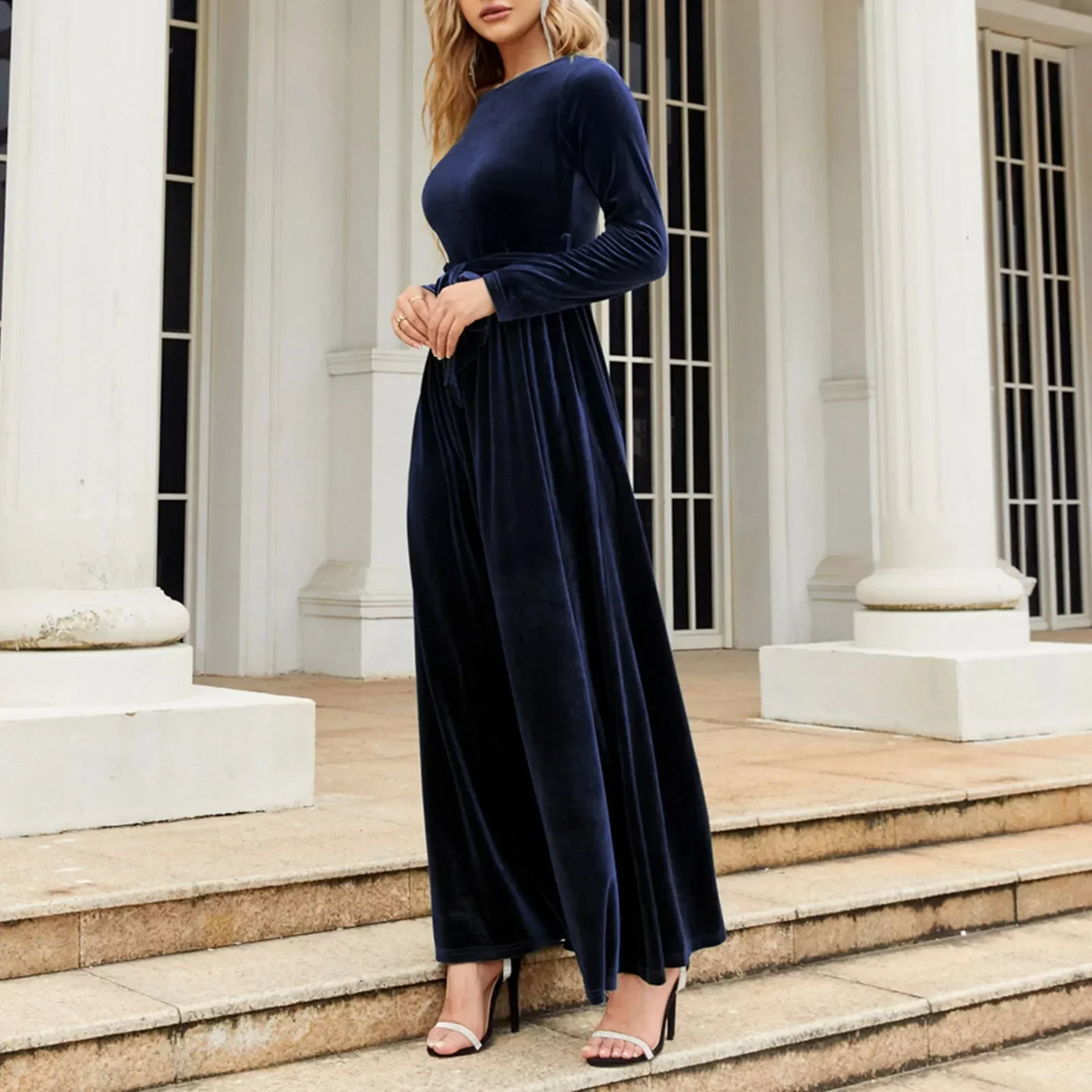 Autumn New Green Velvet Long Dress Elegant Vintage O-Neck Lace-Up Christmas Party Blue / S Dresses-L