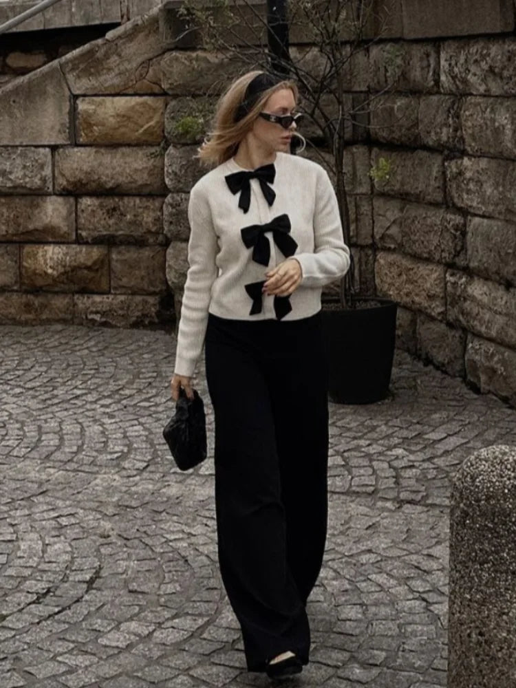 Crew Neck Long Sleeve Contrast Bow Front Ribbed Knit Cardigan 2