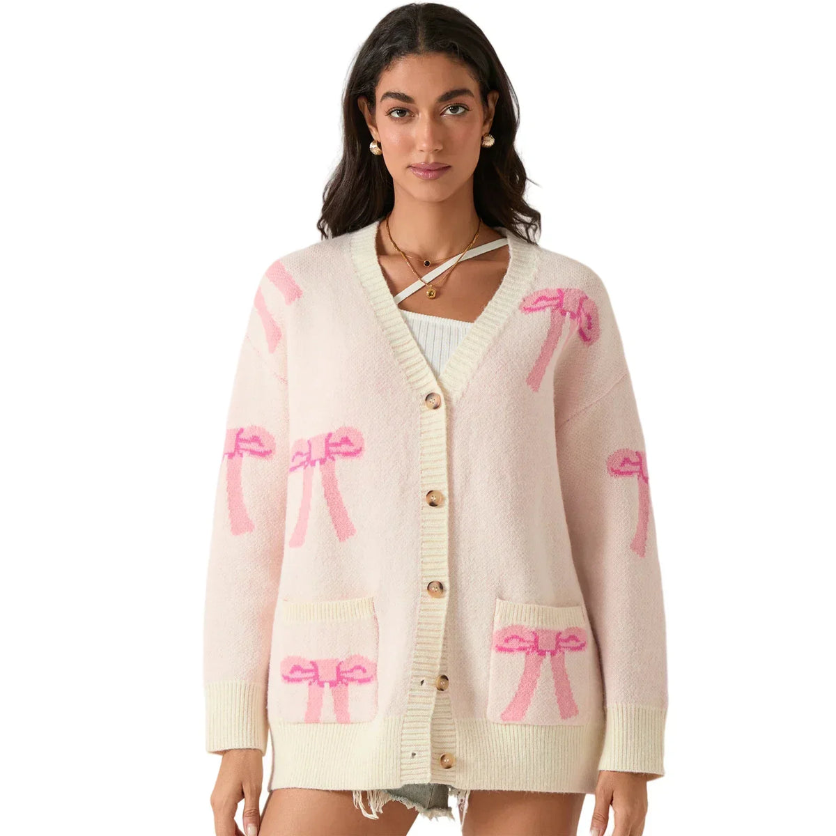 Bow Print V-Neck Button Front Oversized Pocket Cardigan 7