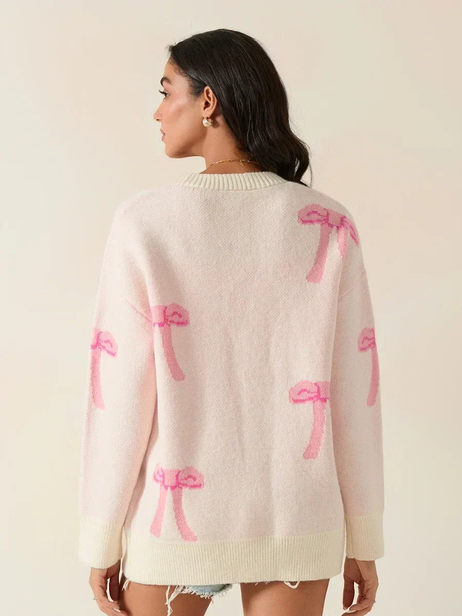 Bow Print V-Neck Button Front Oversized Pocket Cardigan 5