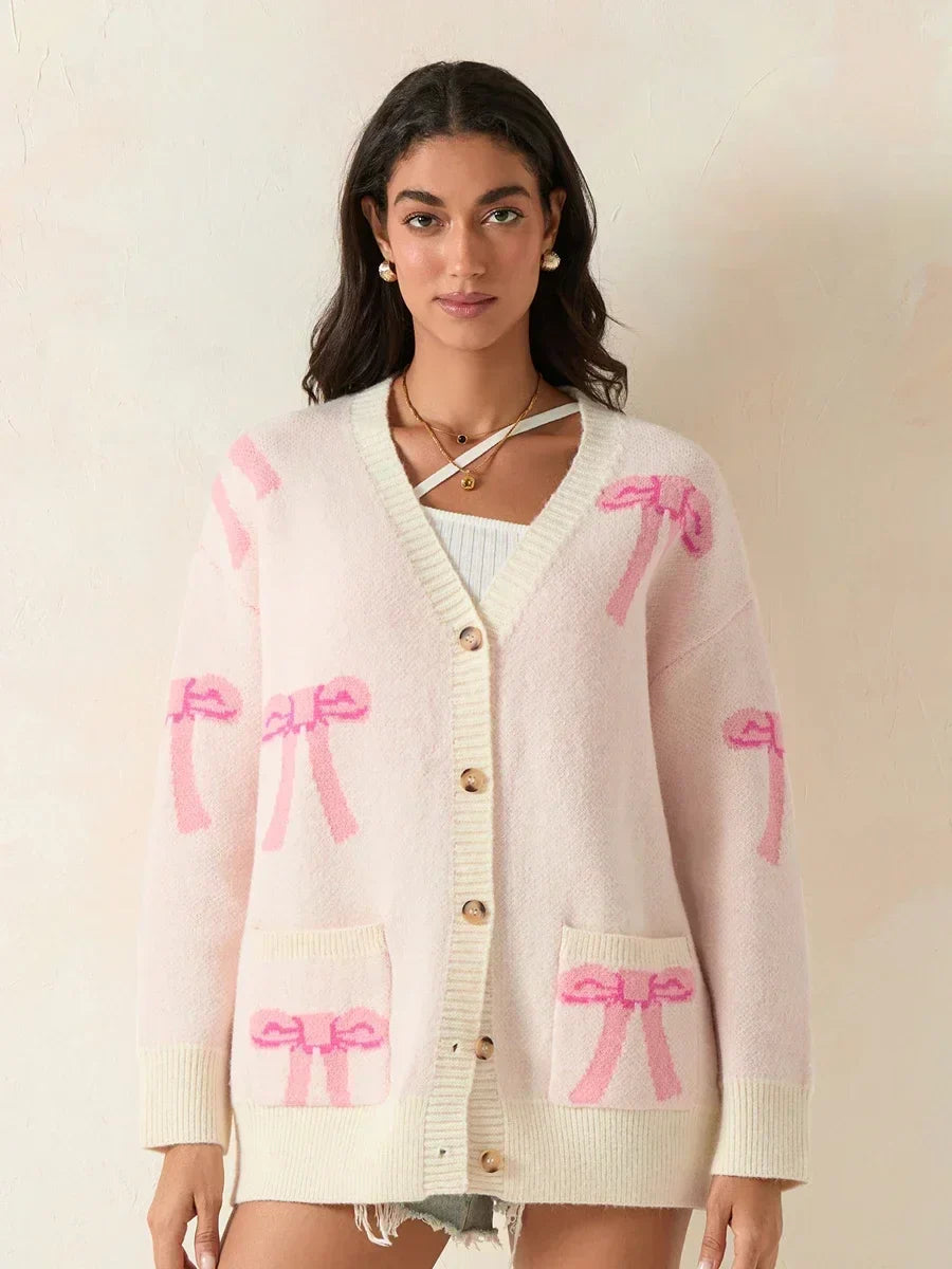 Bow Print V-Neck Button Front Oversized Pocket Cardigan 4