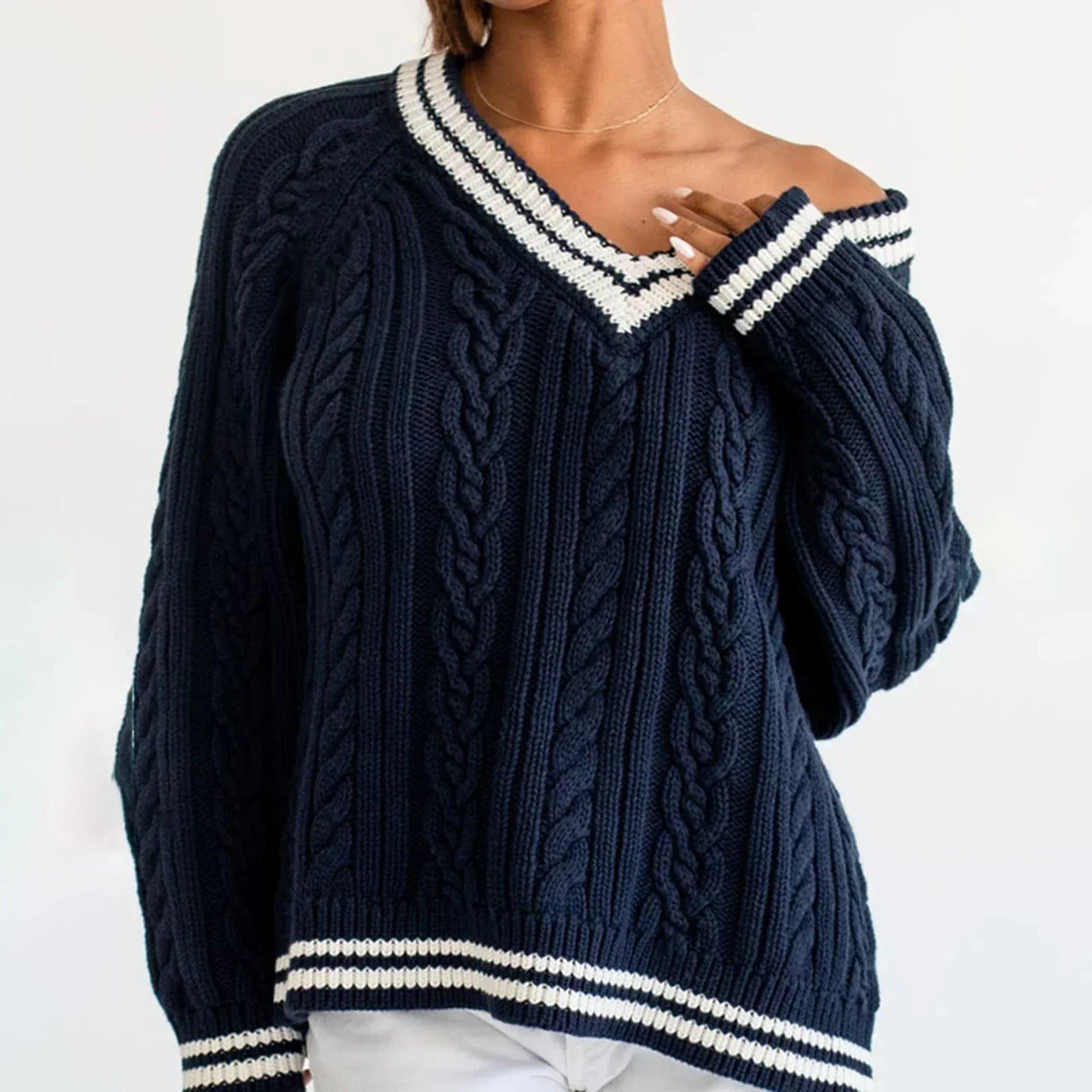 Cable Knit Loose Contrast Trim Streetwear Sweater