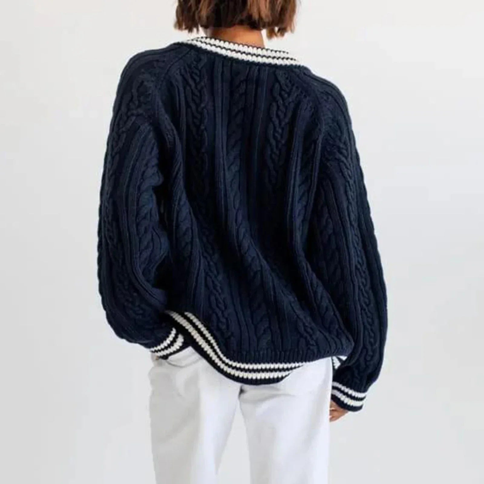 Cable Knit Loose Contrast Trim Sweater