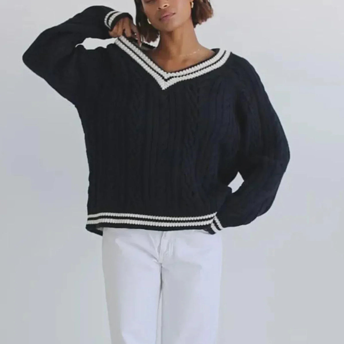 V-Neck Long Sleeve Contrast Stripe Trim Cable Knit Sweater 3