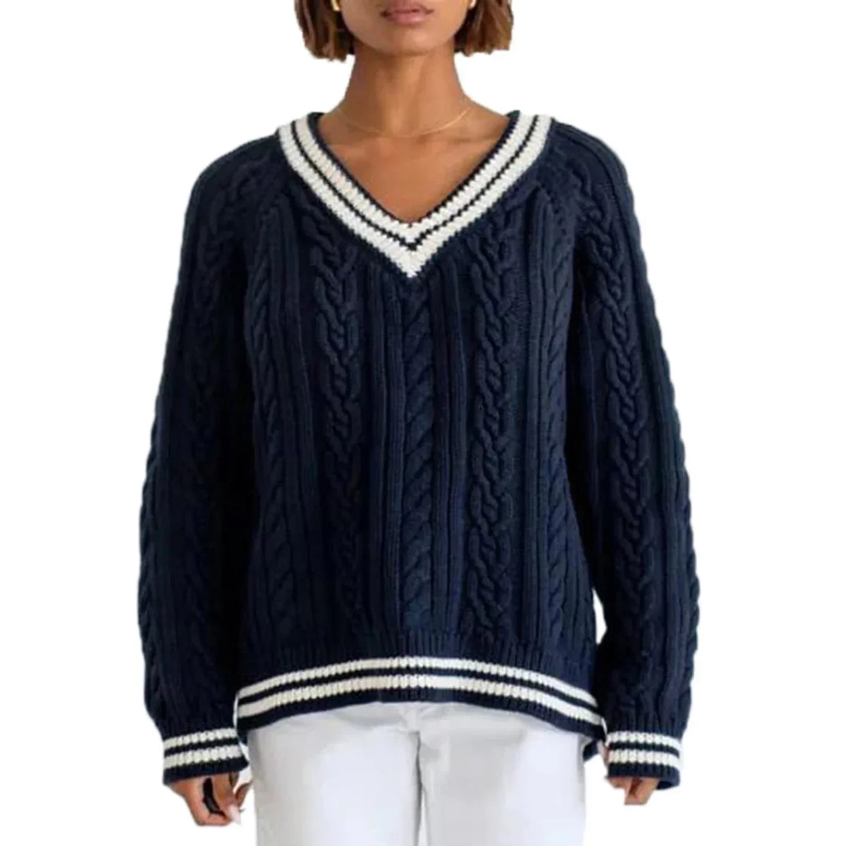 V-Neck Long Sleeve Contrast Stripe Trim Cable Knit Sweater 5