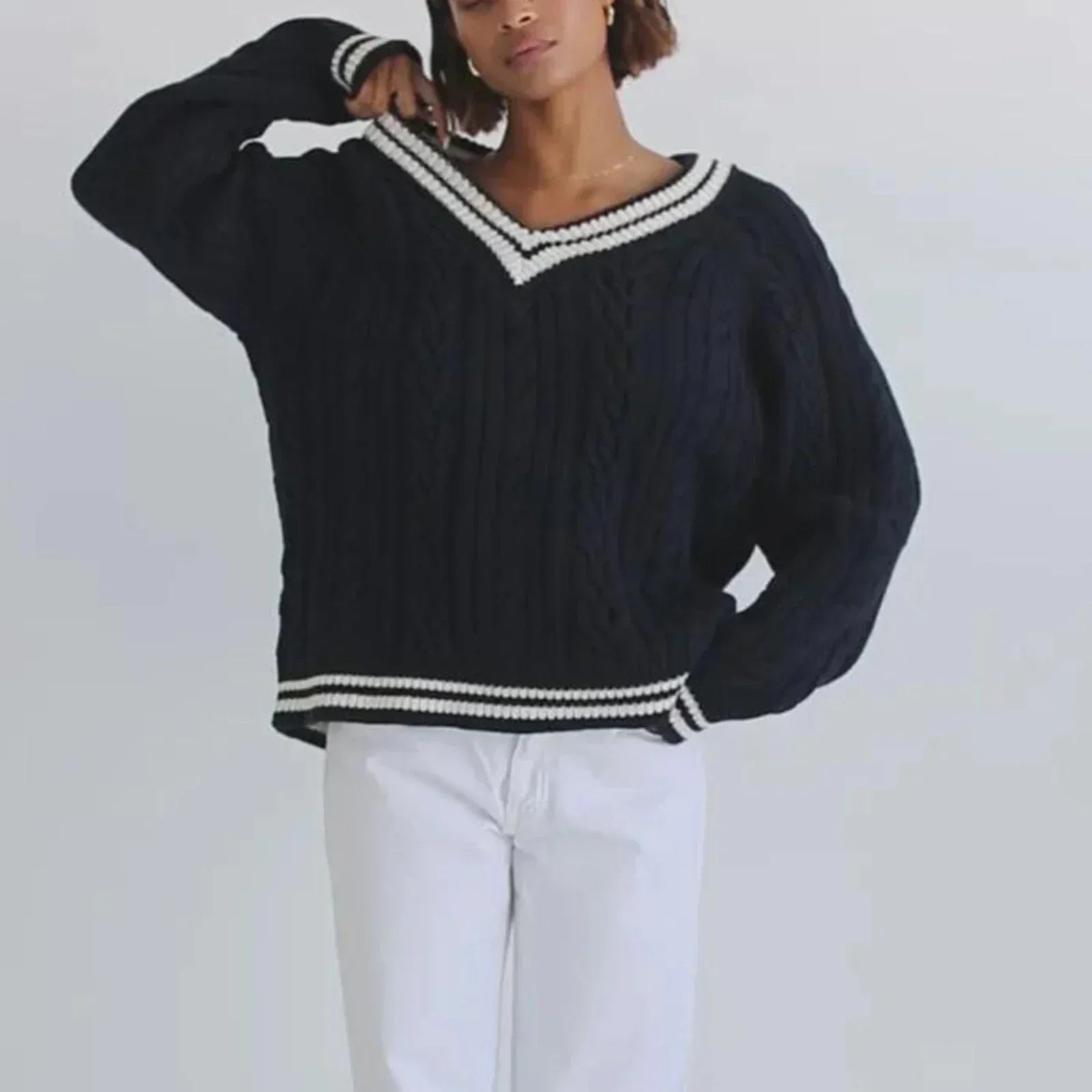 Cable Knit Loose Contrast Trim Sweater