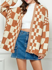 Checkered Loose Long Sleeve Open Front Cardigan