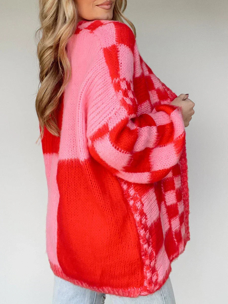 Checkered Open Front Balloon Sleeve Fuzzy Knit Cardigan 2
