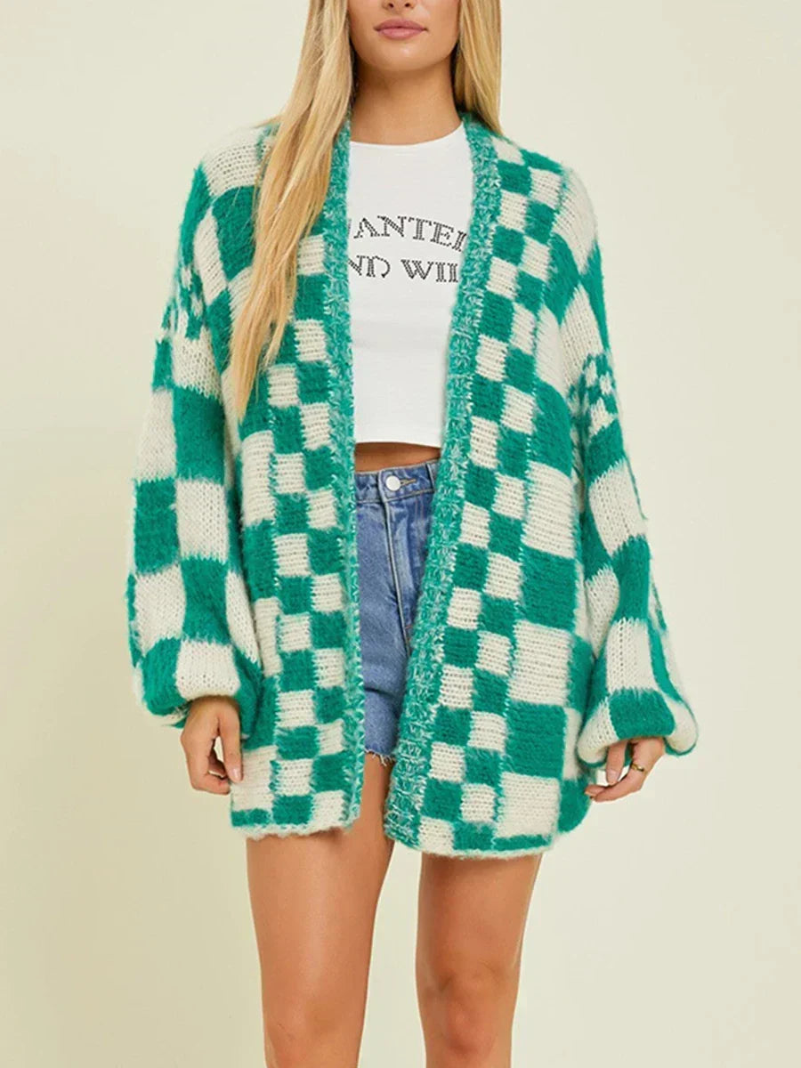 Checkered Open Front Balloon Sleeve Fuzzy Knit Cardigan 6