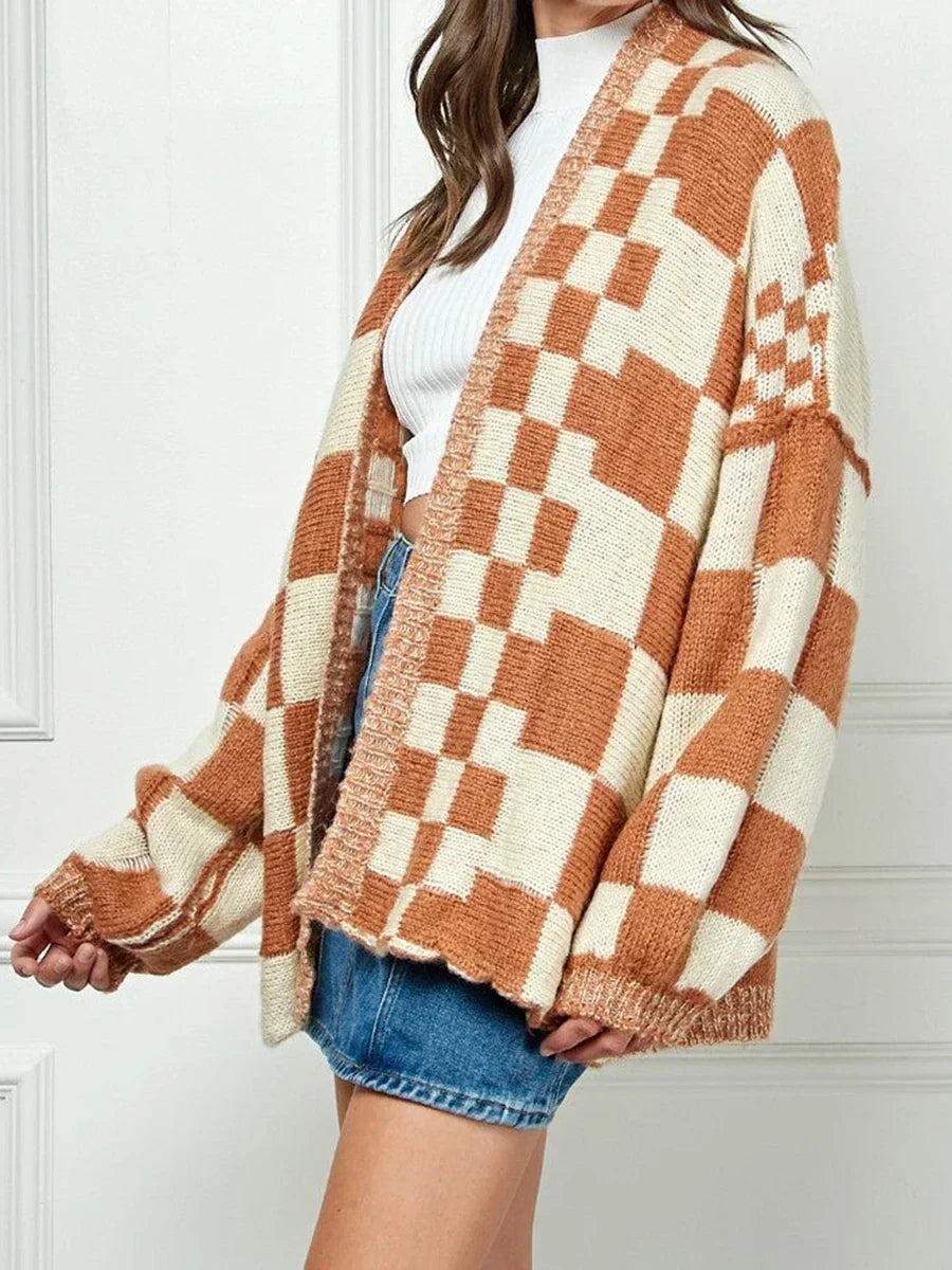 Checkered Open Front Balloon Sleeve Fuzzy Knit Cardigan 4