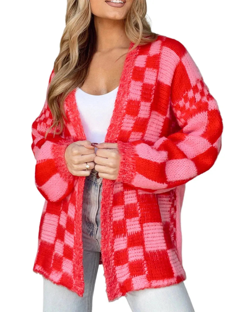 Checkered Open Front Balloon Sleeve Fuzzy Knit Cardigan 8