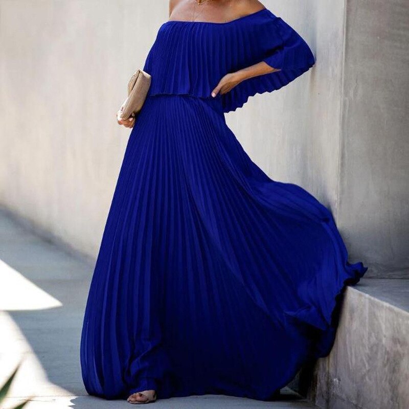 Pleated Off Shoulder Ruffle Overlay Flowy Maxi Dress 9