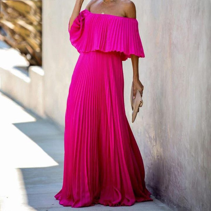 Pleated Off Shoulder Ruffle Overlay Flowy Maxi Dress 8