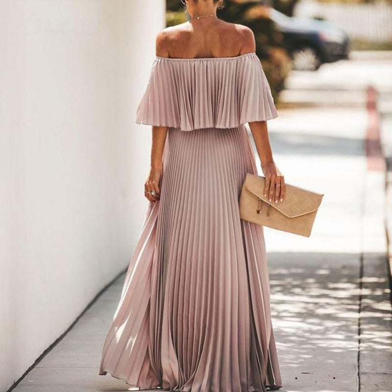 Pleated Off Shoulder Ruffle Overlay Flowy Maxi Dress