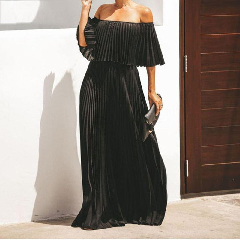 Pleated Off Shoulder Ruffle Overlay Flowy Maxi Dress 3