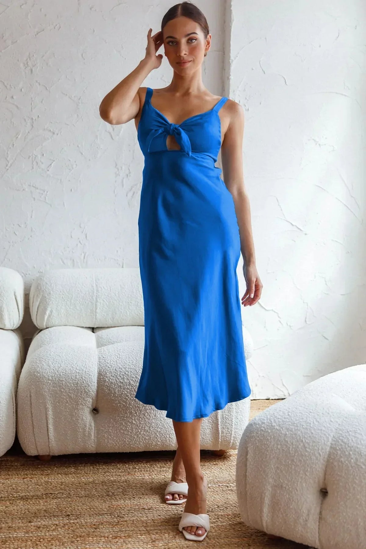 Satin Tie Front Cut Out V-Neck Spaghetti Strap A-Line Midi Dress 7