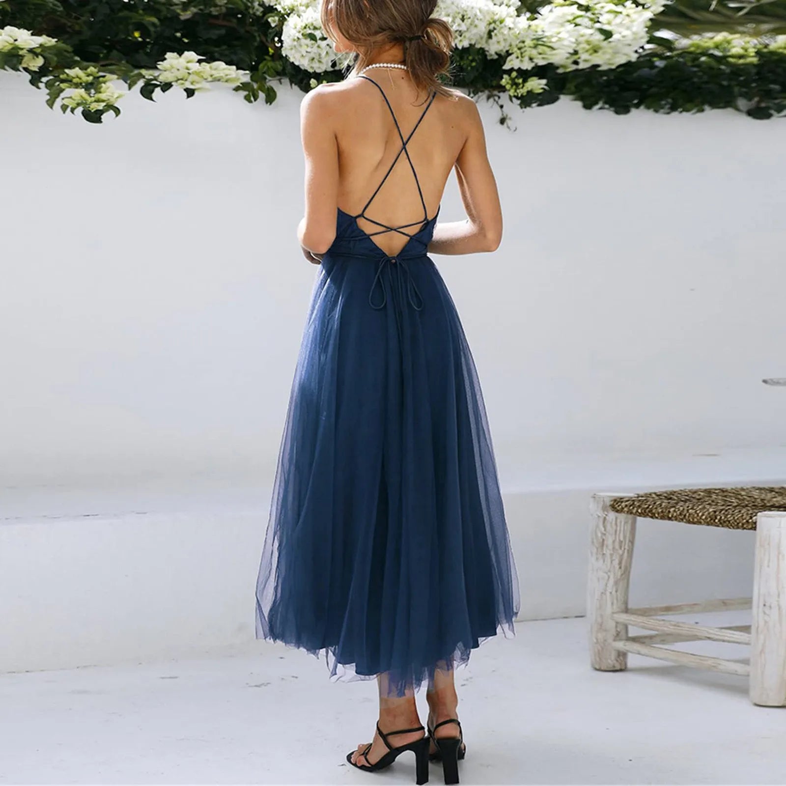Tulle Deep V-Neck Backless A-Line Midi Dress