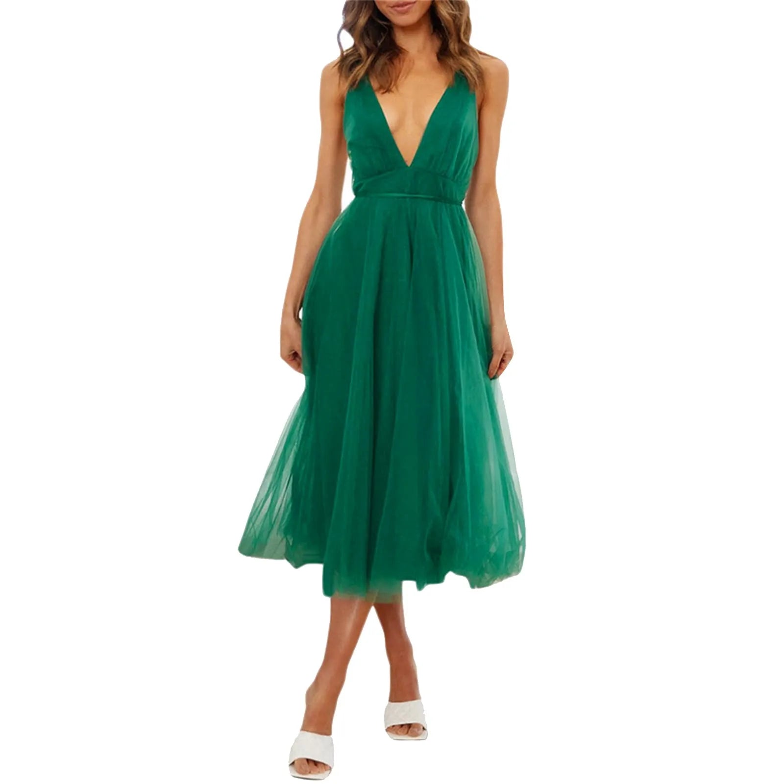 Tulle Deep V-Neck Backless A-Line Midi Dress