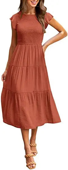 Flying Pleated Layering Solid Swing Trending Loose Midi Dresses