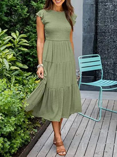 Flying Pleated Layering Solid Swing Trending Loose Midi Dresses