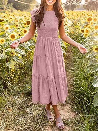 Flying Pleated Layering Solid Swing Trending Loose Midi Dresses
