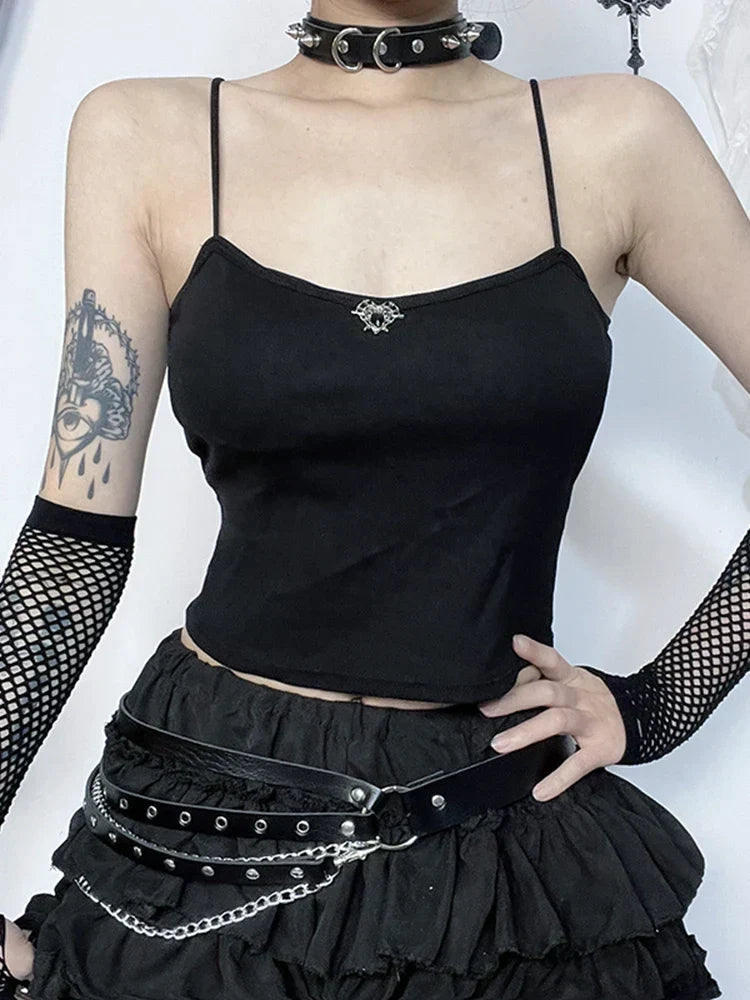 Gothic Spiderweb Cut Out Open Back Spaghetti Strap Cami Crop Top 5