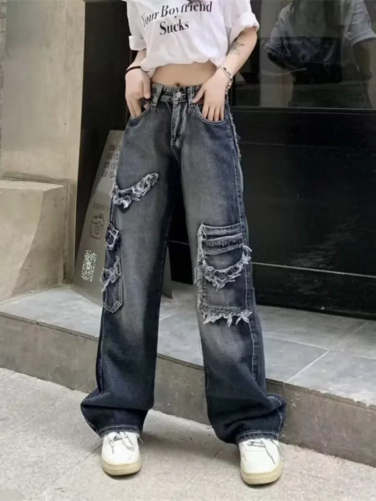 High Waist Frayed Patch Pocket Washed Wide Leg Cargo Jeans