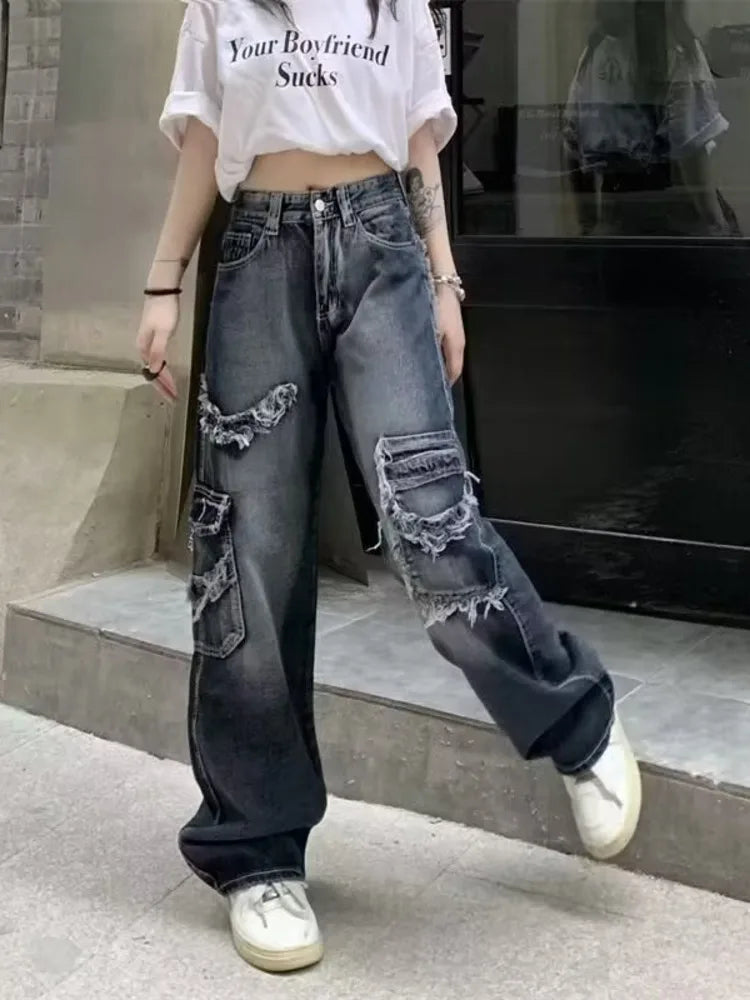 Summer Vintage Washed and Worn Out Versatile Straight Drop High Waist Wide Leg Women's Jean