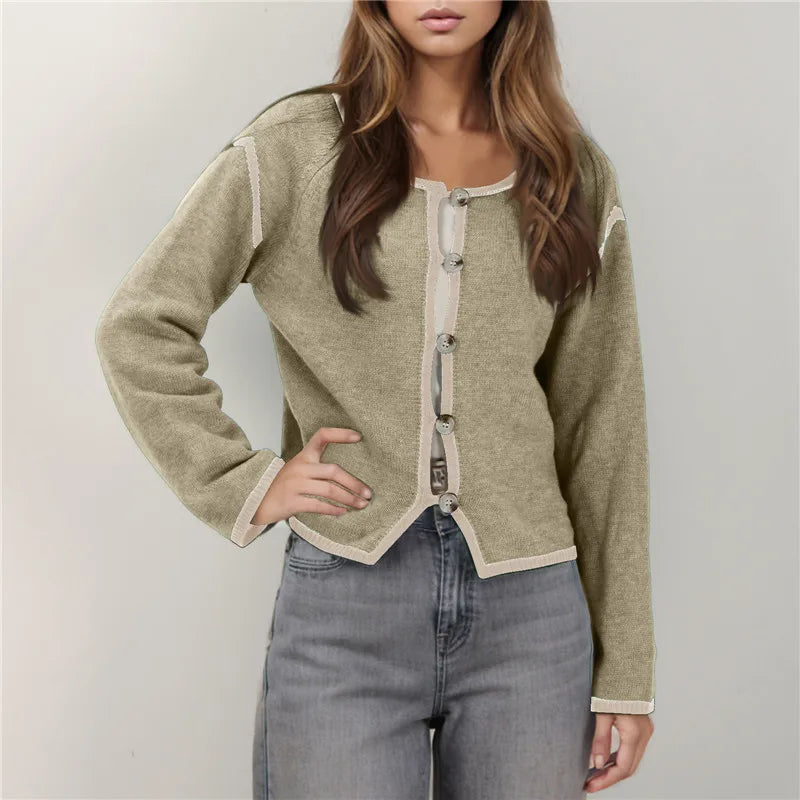 Contrast Trim Round Neck Button Front Split Hem Knit Cardigan 5