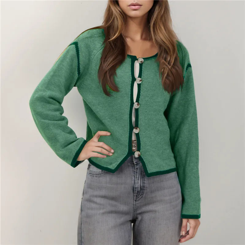 Contrast Trim Round Neck Button Front Split Hem Knit Cardigan 6