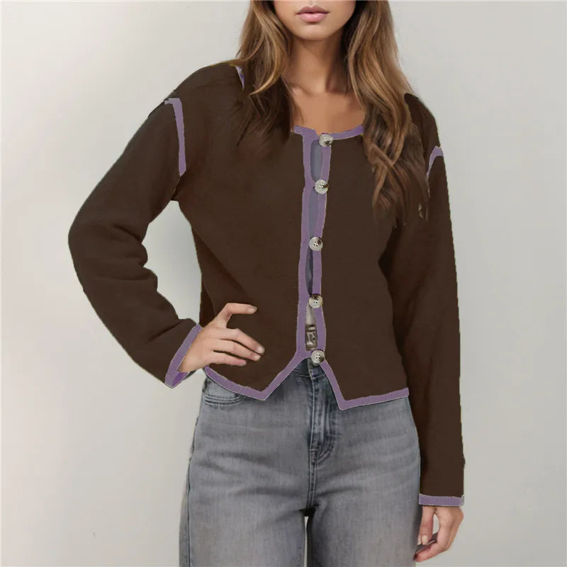 Contrast Trim Round Neck Button Front Split Hem Knit Cardigan 4