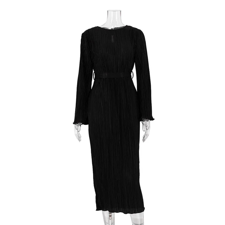 Maxi Autumn New Crewneck Laceup Pleated Graceful Midi Dresses