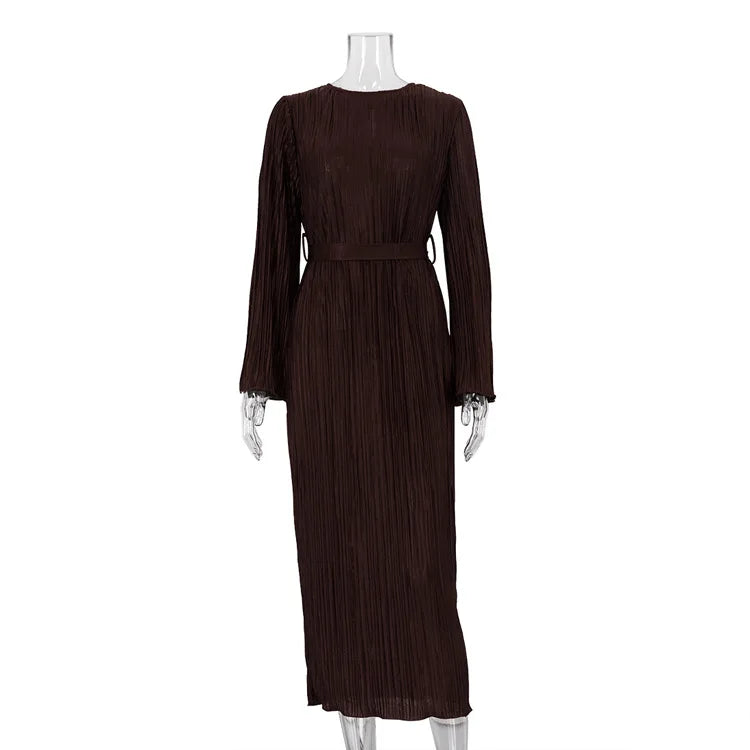 Maxi Autumn New Crewneck Laceup Pleated Graceful Midi Dresses