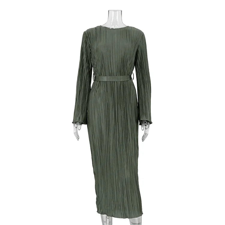 Maxi Autumn New Crewneck Laceup Pleated Graceful Midi Dresses