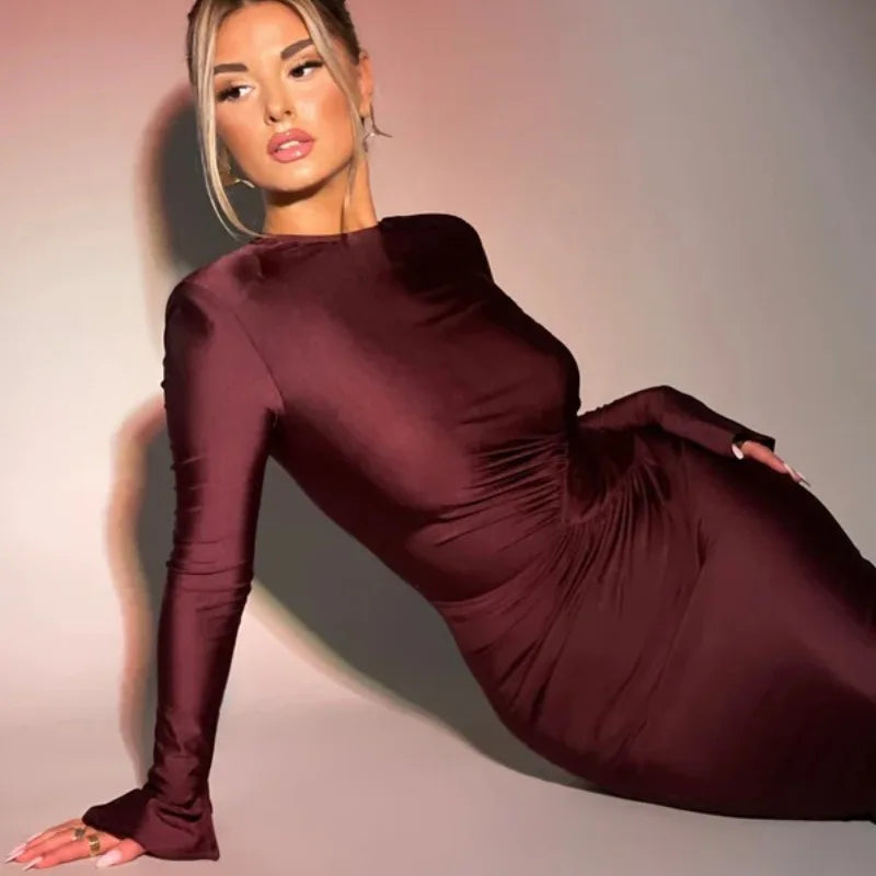 Women's Maxi Autumn Winter New Solid Crewneck Personality Pleated Refined Vestidos Midi Dresses