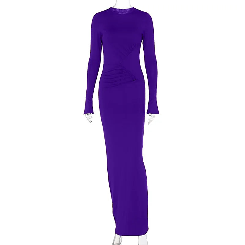 Women's Maxi Autumn Winter New Solid Crewneck Personality Pleated Refined Vestidos Midi Dresses